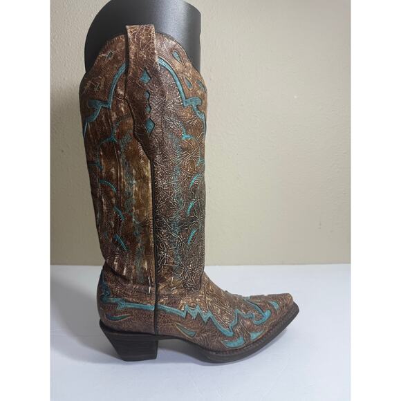 EUC Corral Boots Women's Tan Turquoise Snip Toe Western Cowboy Boots - Size 6M - Picture 4 of 8
